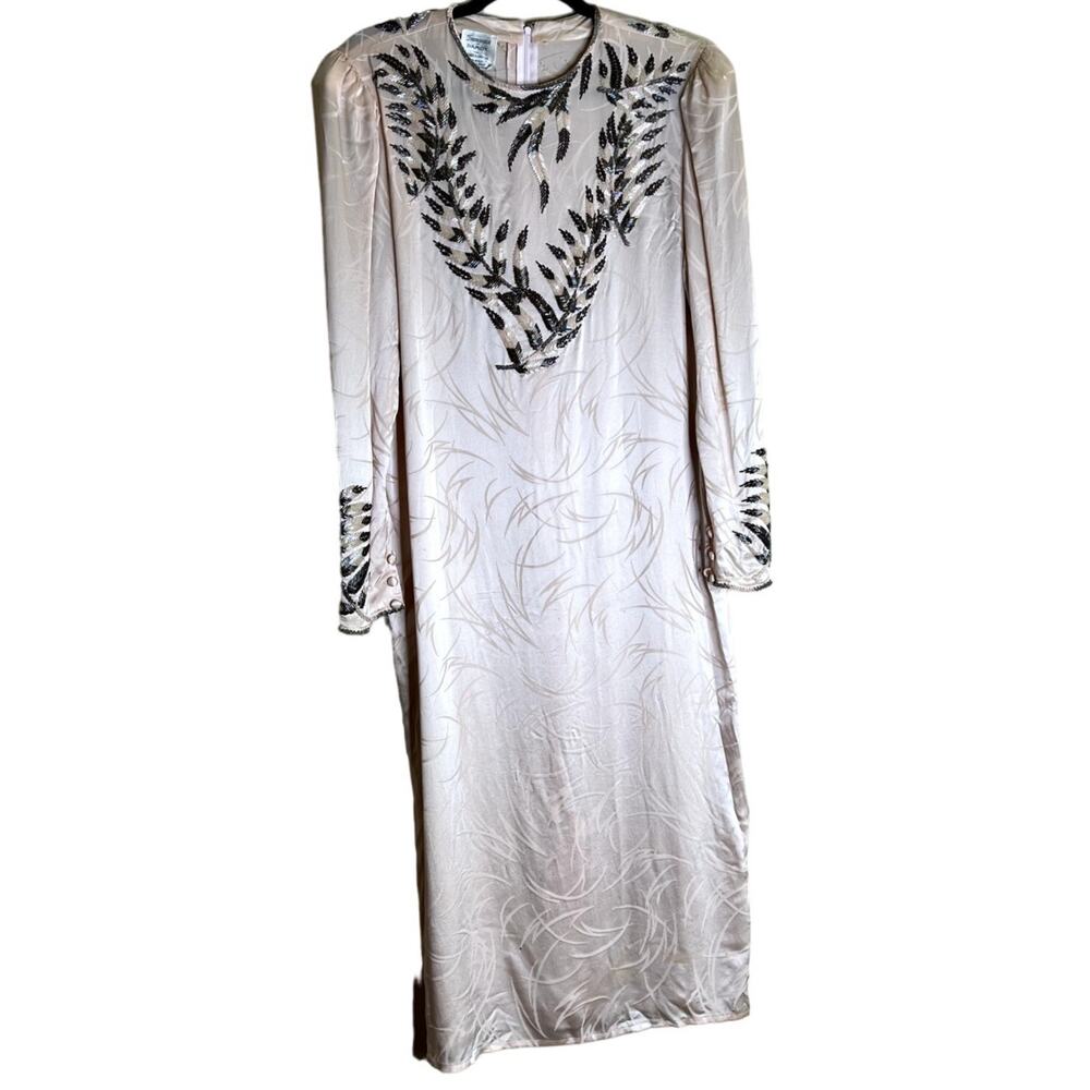 Francesca of Damon Midi Shift Dress Women Size 8 100% Silk Vintage Beaded